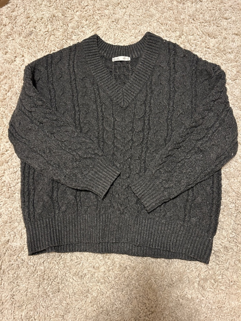 Oversize Charcoal Cable V-Neck Sweater